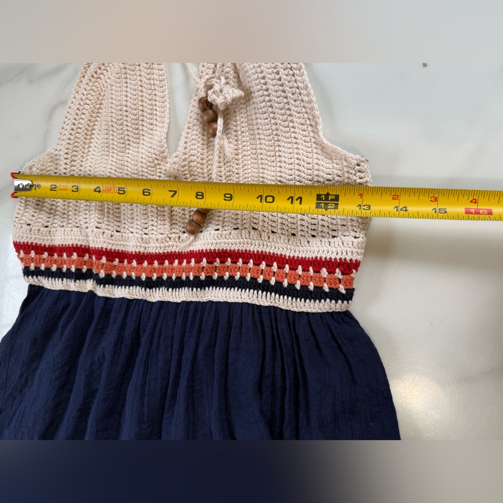 Speechless Navy Dress with Crochet Cream Bodice and Striped Waist - Picture 13 of 13